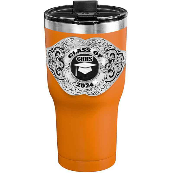 A customized tumbler made of stainless steel with a personalized engraved Class of 2024 lettering with graduate cap figure, 30 oz, ideal for coffee or cool drinks